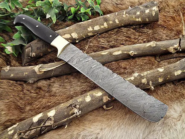 Main image of Damascus steel Salmon Knife, Kitchen spatula knife. 13.5" long fixed straight blade, 9" blade Bull horn 5" scale with brass bolster