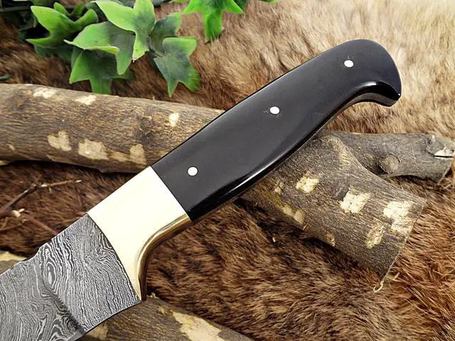 Alt view image 5 of 7 - Damascus steel Salmon Knife, Kitchen spatula knife. 13.5" long fixed straight blade, 9" blade Bull horn 5" scale with brass bolster