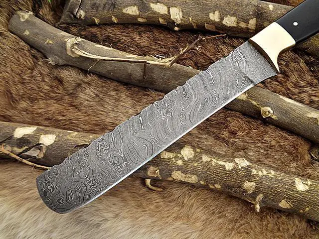 Alt view image 3 of 7 - Damascus steel Salmon Knife, Kitchen spatula knife. 13.5" long fixed straight blade, 9" blade Bull horn 5" scale with brass bolster