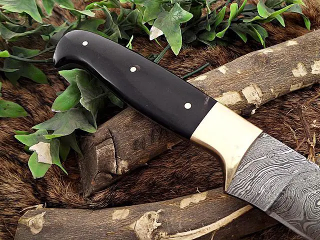 Alt view image 7 of 7 - Damascus steel Salmon Knife, Kitchen spatula knife. 13.5" long fixed straight blade, 9" blade Bull horn 5" scale with brass bolster