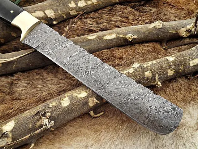 Alt view image 6 of 7 - Damascus steel Salmon Knife, Kitchen spatula knife. 13.5" long fixed straight blade, 9" blade Bull horn 5" scale with brass bolster
