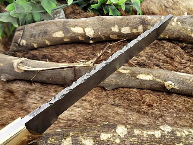 Alt view image 4 of 7 - Damascus steel Salmon Knife, Kitchen spatula knife. 13.5" long fixed straight blade, 9" blade Bull horn 5" scale with brass bolster