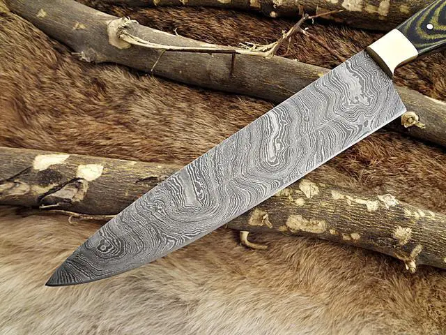 Alt view image 3 of 6 - Damascus Steel kitchen Knife 13 Inches full tang 7.5" long Hand Forged blade, 2 Tone Dollar wood and brass bolster scale