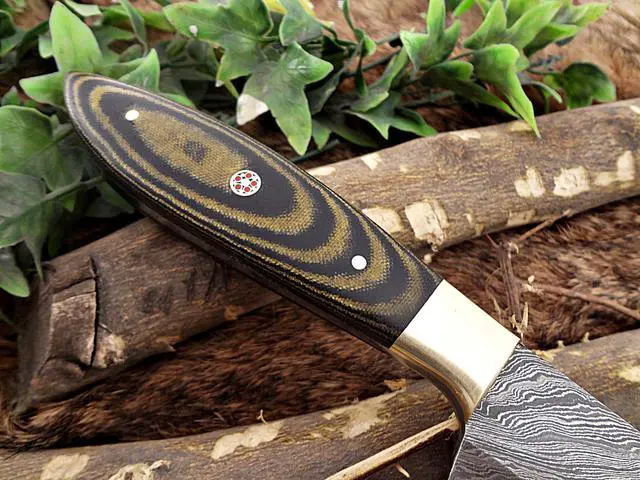 Alt view image 6 of 6 - Damascus Steel kitchen Knife 13 Inches full tang 7.5" long Hand Forged blade, 2 Tone Dollar wood and brass bolster scale