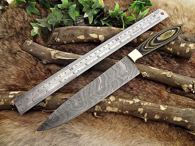 Alt view image 2 of 6 - Damascus Steel kitchen Knife 13 Inches full tang 7.5" long Hand Forged blade, 2 Tone Dollar wood and brass bolster scale
