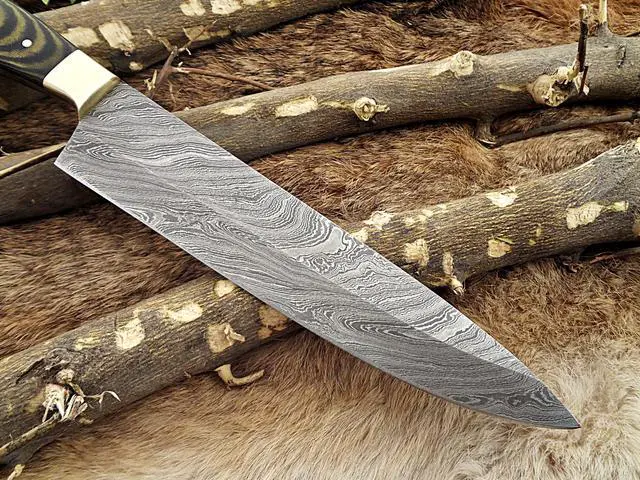 Alt view image 5 of 6 - Damascus Steel kitchen Knife 13 Inches full tang 7.5" long Hand Forged blade, 2 Tone Dollar wood and brass bolster scale
