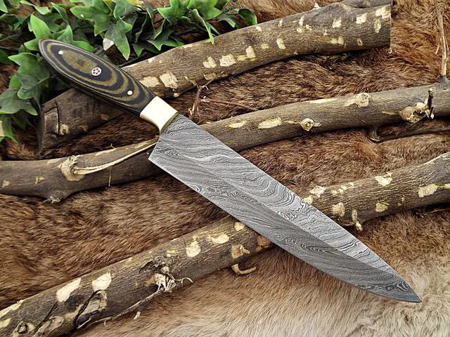 Main image of Damascus Steel kitchen Knife 13 Inches full tang 7.5" long Hand Forged blade, 2 Tone Dollar wood and brass bolster scale