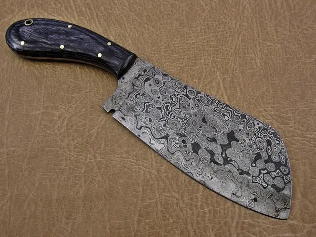 Alt view image 4 of 5 - 9.5" hand forged rain drop pattern Damascus steel Butcher knife, Meat cleaver, 2 tone wood scale, Rain drop pattern Damascus Steel 5 mm blade