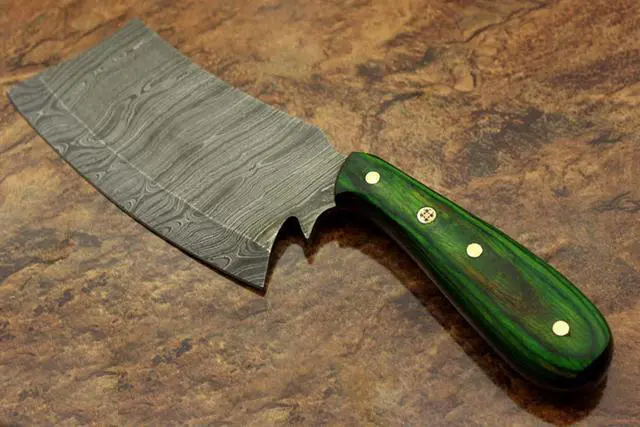 Alt view image 2 of 7 - 9.5" hand forged Damascus steel Butcher knife, Meat cleaver, colored wood scale, Cow hide Leather sheath with belt loop