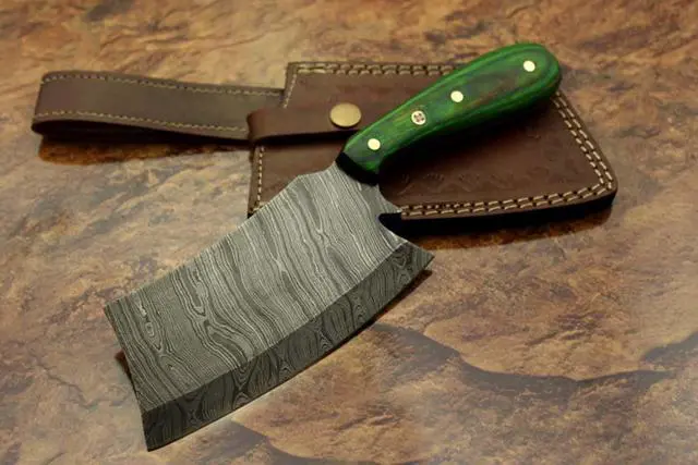 Alt view image 5 of 7 - 9.5" hand forged Damascus steel Butcher knife, Meat cleaver, colored wood scale, Cow hide Leather sheath with belt loop
