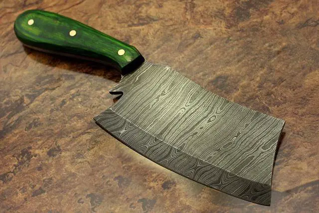 Alt view image 3 of 7 - 9.5" hand forged Damascus steel Butcher knife, Meat cleaver, colored wood scale, Cow hide Leather sheath with belt loop