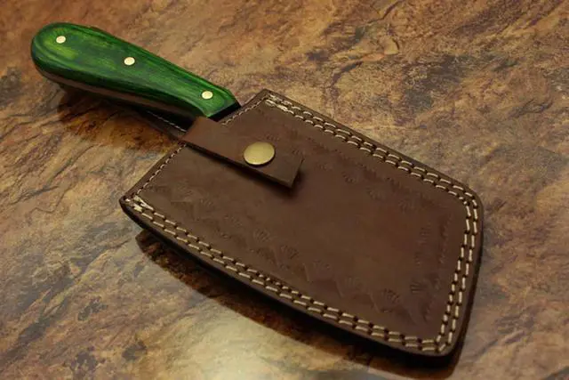Alt view image 6 of 7 - 9.5" hand forged Damascus steel Butcher knife, Meat cleaver, colored wood scale, Cow hide Leather sheath with belt loop