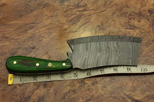 Alt view image 7 of 7 - 9.5" hand forged Damascus steel Butcher knife, Meat cleaver, colored wood scale, Cow hide Leather sheath with belt loop