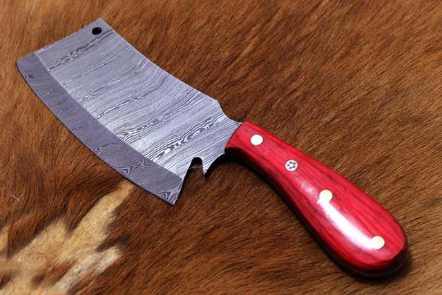 10.5 Hand Forged Damascus Steel Butcher Knife, Meat Cleaver, Wood Scale,  Cow Hide Leather Sheath with Belt Loop