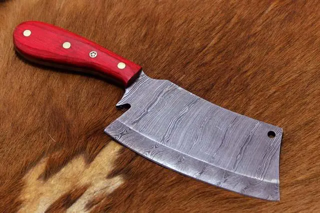 Alt view image 4 of 6 - 9.5" hand forged Damascus steel Butcher knife, Meat cleaver, colored wood scale, Cow hide Leather sheath with belt loop Red