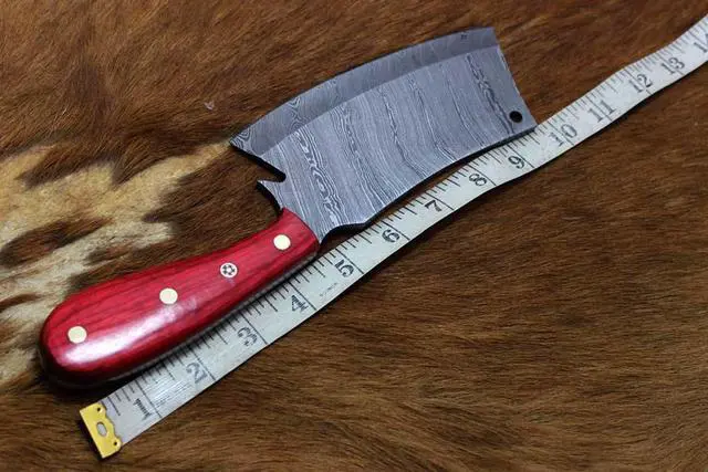 Alt view image 5 of 6 - 9.5" hand forged Damascus steel Butcher knife, Meat cleaver, colored wood scale, Cow hide Leather sheath with belt loop Red