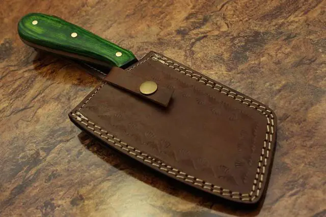 Alt view image 6 of 6 - 9.5" hand forged Damascus steel Butcher knife, Meat cleaver, colored wood scale, Cow hide Leather sheath with belt loop Red