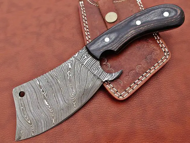 Main image of 9" long hand forged Twist Pattern Damascus steel Butcher Meat cleaver, Natural walnut wood scale, Cow hide Leather sheath included