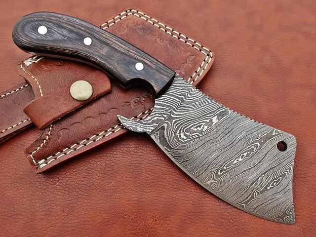 Alt view image 4 of 7 - 9" long hand forged Twist Pattern Damascus steel Butcher Meat cleaver, Natural walnut wood scale, Cow hide Leather sheath included
