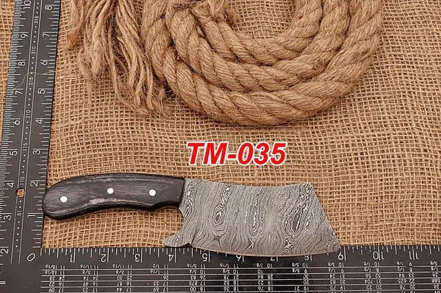 Alt view image 2 of 7 - 9" long hand forged Twist Pattern Damascus steel Butcher Meat cleaver, Natural walnut wood scale, Cow hide Leather sheath included
