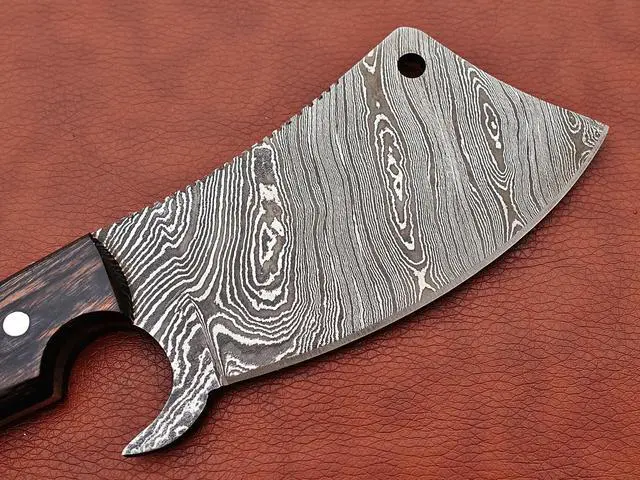 Alt view image 6 of 7 - 9" long hand forged Twist Pattern Damascus steel Butcher Meat cleaver, Natural walnut wood scale, Cow hide Leather sheath included