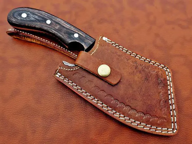 Alt view image 7 of 7 - 9" long hand forged Twist Pattern Damascus steel Butcher Meat cleaver, Natural walnut wood scale, Cow hide Leather sheath included