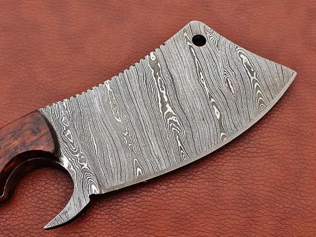 Alt view image 6 of 7 - 9" long hand forged Twist Pattern Damascus steel Butcher Meat cleaver, Natural walnut wood scale, Cow hide Leather sheath included Brown