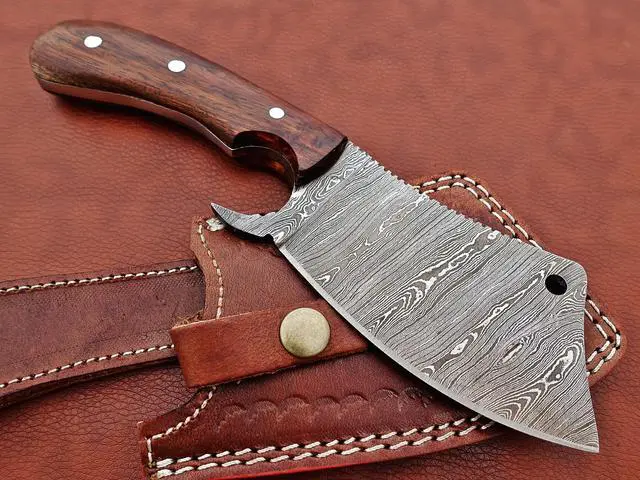 Alt view image 4 of 7 - 9" long hand forged Twist Pattern Damascus steel Butcher Meat cleaver, Natural walnut wood scale, Cow hide Leather sheath included Brown