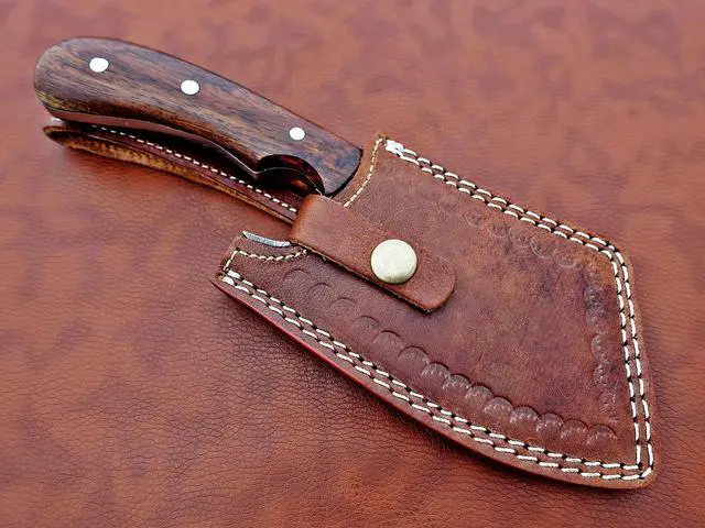 Alt view image 7 of 7 - 9" long hand forged Twist Pattern Damascus steel Butcher Meat cleaver, Natural walnut wood scale, Cow hide Leather sheath included Brown