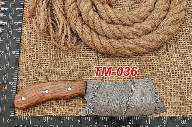 Alt view image 2 of 7 - 9" long hand forged Twist Pattern Damascus steel Butcher Meat cleaver, Natural walnut wood scale, Cow hide Leather sheath included Brown