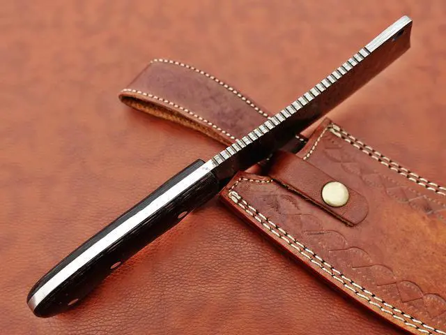 Alt view image 4 of 7 - 10" long hand forged rain drop Pattern Damascus steel Butcher Meat cleaver, Natural walnut wood scale, Cow hide Leather sheath included (Black)