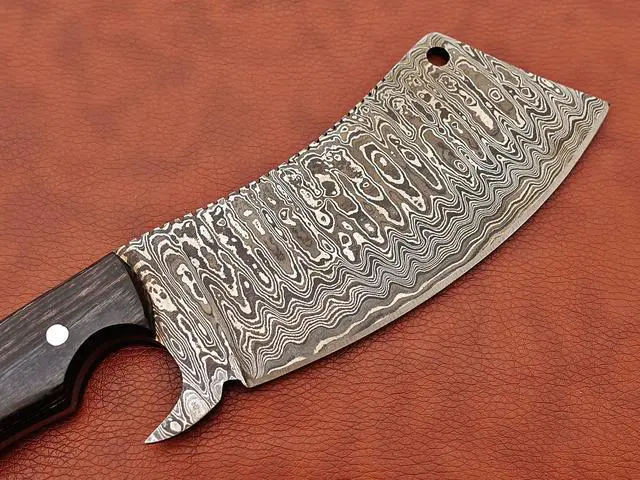 Alt view image 5 of 7 - 10" long hand forged rain drop Pattern Damascus steel Butcher Meat cleaver, Natural walnut wood scale, Cow hide Leather sheath included (Black)