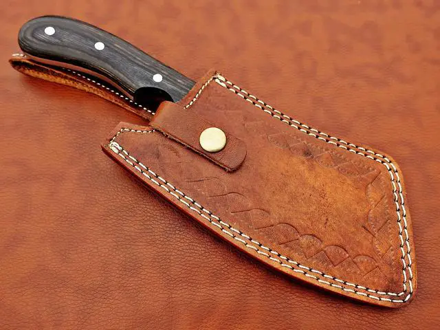 Alt view image 7 of 7 - 10" long hand forged rain drop Pattern Damascus steel Butcher Meat cleaver, Natural walnut wood scale, Cow hide Leather sheath included (Black)