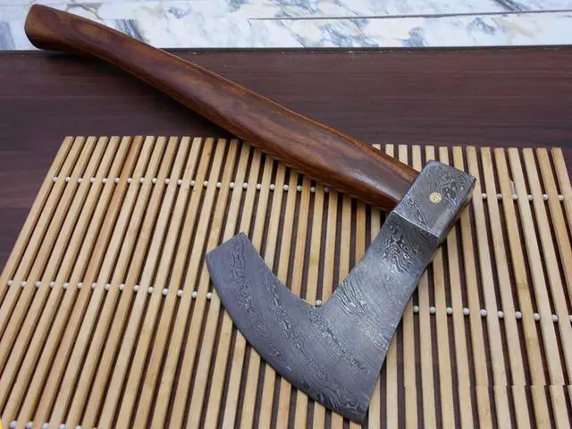 Alt view image 4 of 7 - Damascus Steel Broad Axe, Bearded Hiking Battle Axe, 19.5 Inches Long Rose Wood Handle, Hand Forged Damascus Steel Large 5" Cutting Edge Blade, Thick Cow Hide Leather Sheath