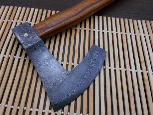 Alt view image 3 of 7 - Damascus Steel Broad Axe, Bearded Hiking Battle Axe, 19.5 Inches Long Rose Wood Handle, Hand Forged Damascus Steel Large 5" Cutting Edge Blade, Thick Cow Hide Leather Sheath