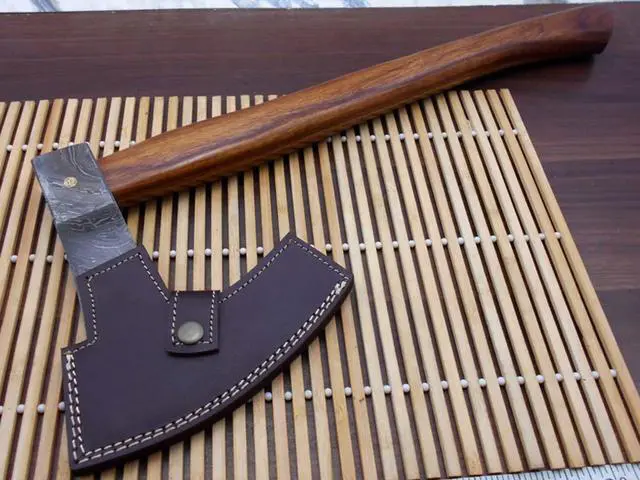 Alt view image 6 of 7 - Damascus Steel Broad Axe, Bearded Hiking Battle Axe, 19.5 Inches Long Rose Wood Handle, Hand Forged Damascus Steel Large 5" Cutting Edge Blade, Thick Cow Hide Leather Sheath