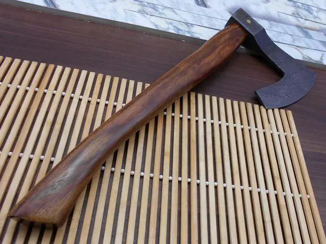 Alt view image 5 of 7 - Damascus Steel Broad Axe, Bearded Hiking Battle Axe, 19.5 Inches Long Rose Wood Handle, Hand Forged Damascus Steel Large 5" Cutting Edge Blade, Thick Cow Hide Leather Sheath