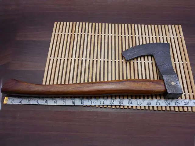 Alt view image 2 of 7 - Damascus Steel Broad Axe, Bearded Hiking Battle Axe, 19.5 Inches Long Rose Wood Handle, Hand Forged Damascus Steel Large 5" Cutting Edge Blade, Thick Cow Hide Leather Sheath