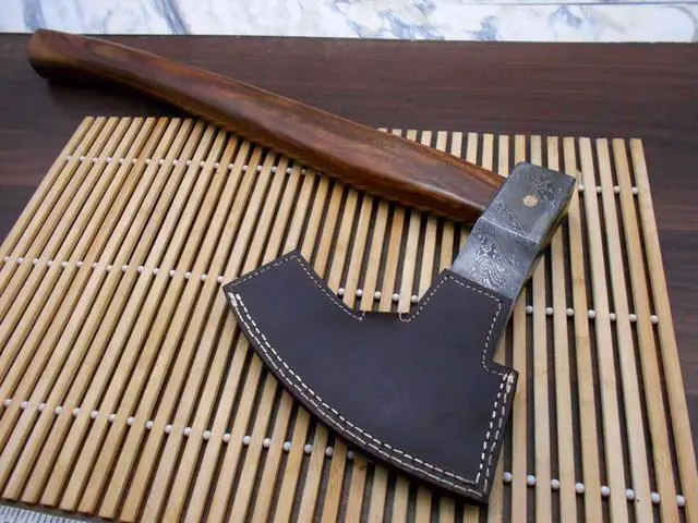 Alt view image 7 of 7 - Damascus Steel Broad Axe, Bearded Hiking Battle Axe, 19.5 Inches Long Rose Wood Handle, Hand Forged Damascus Steel Large 5" Cutting Edge Blade, Thick Cow Hide Leather Sheath