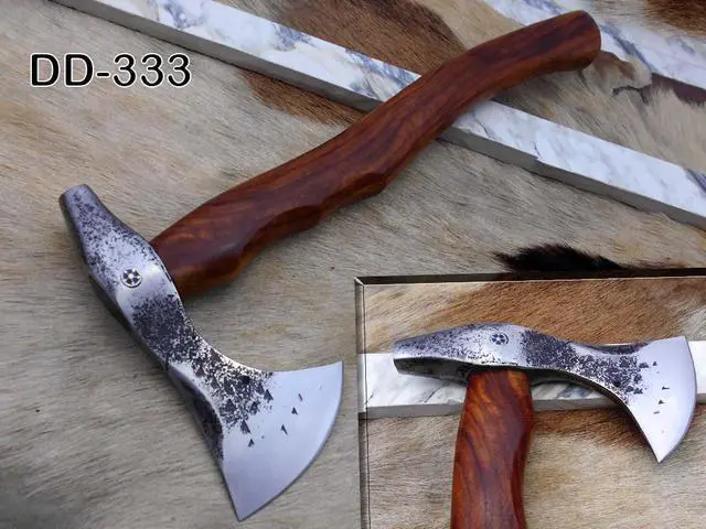 Main image of Damascus Depot Camper Axe, 14 Inches Long Hand Forged Carbon Steel with Rose Wood Round Handle Bearded Hiking Battle Axe, Thick Cow Hide Leather Sheath