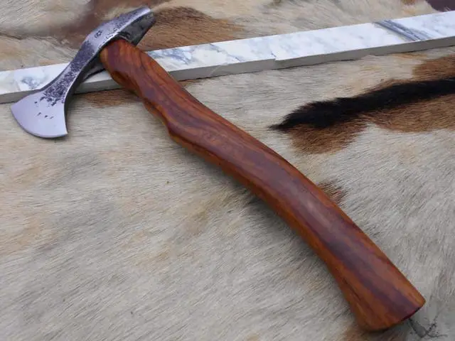 Alt view image 5 of 7 - Damascus Depot Camper Axe, 14 Inches Long Hand Forged Carbon Steel with Rose Wood Round Handle Bearded Hiking Battle Axe, Thick Cow Hide Leather Sheath