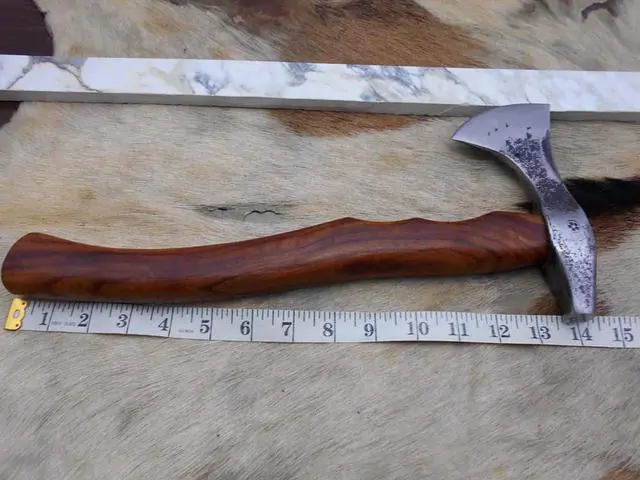 Alt view image 2 of 7 - Damascus Depot Camper Axe, 14 Inches Long Hand Forged Carbon Steel with Rose Wood Round Handle Bearded Hiking Battle Axe, Thick Cow Hide Leather Sheath