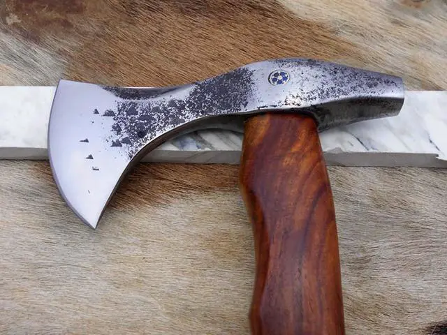 Alt view image 3 of 7 - Damascus Depot Camper Axe, 14 Inches Long Hand Forged Carbon Steel with Rose Wood Round Handle Bearded Hiking Battle Axe, Thick Cow Hide Leather Sheath