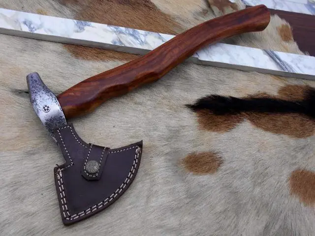 Alt view image 6 of 7 - Damascus Depot Camper Axe, 14 Inches Long Hand Forged Carbon Steel with Rose Wood Round Handle Bearded Hiking Battle Axe, Thick Cow Hide Leather Sheath