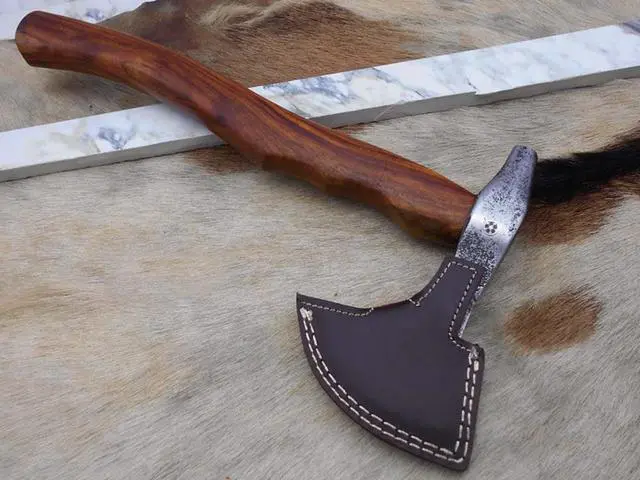 Alt view image 7 of 7 - Damascus Depot Camper Axe, 14 Inches Long Hand Forged Carbon Steel with Rose Wood Round Handle Bearded Hiking Battle Axe, Thick Cow Hide Leather Sheath