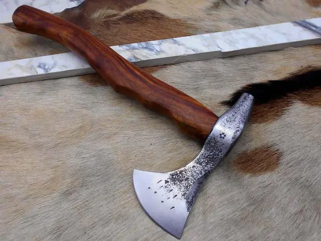 Alt view image 4 of 7 - Damascus Depot Camper Axe, 14 Inches Long Hand Forged Carbon Steel with Rose Wood Round Handle Bearded Hiking Battle Axe, Thick Cow Hide Leather Sheath