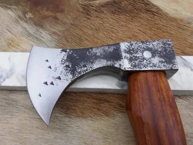Alt view image 5 of 7 - High carbon steel tomahawk Axe Bearded hiking battle axe 15 Inches long with Rose wood round handle, thick cow hide leather sheath