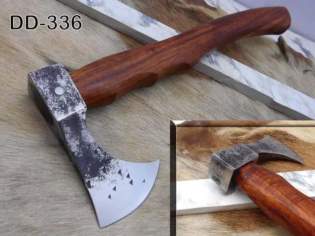 Main image of High carbon steel tomahawk Axe Bearded hiking battle axe 15 Inches long with Rose wood round handle, thick cow hide leather sheath