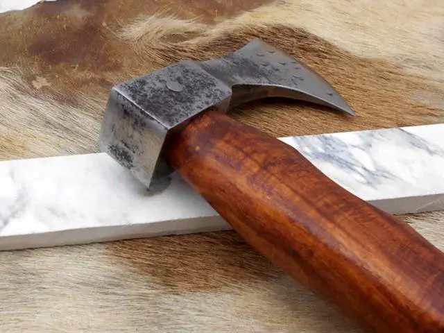 Alt view image 4 of 7 - High carbon steel tomahawk Axe Bearded hiking battle axe 15 Inches long with Rose wood round handle, thick cow hide leather sheath