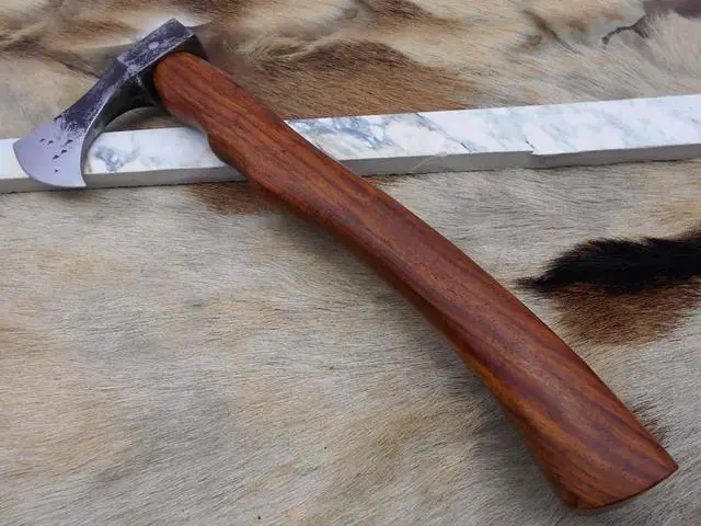 Alt view image 3 of 7 - High carbon steel tomahawk Axe Bearded hiking battle axe 15 Inches long with Rose wood round handle, thick cow hide leather sheath